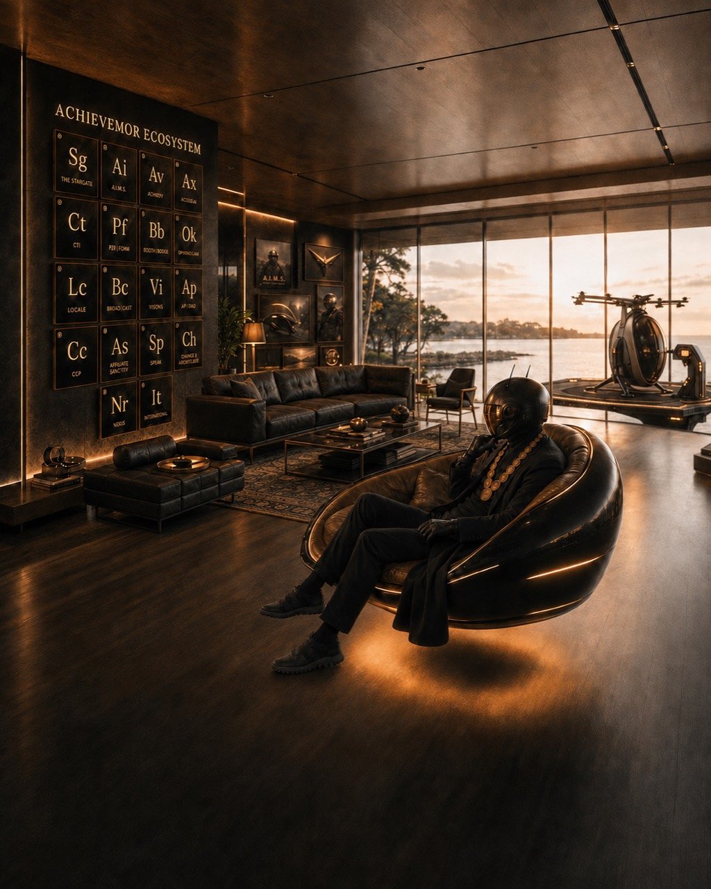 ACHEEVY seated inside the A.I.M.S. building.