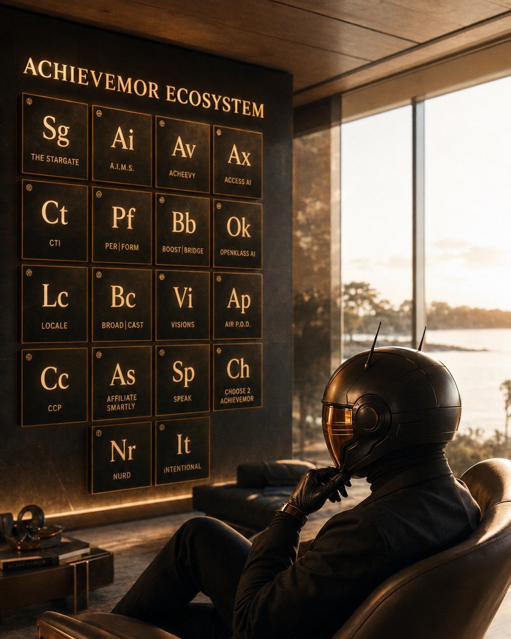 ACHEEVY studying the ACHIEVEMOR ecosystem wall.