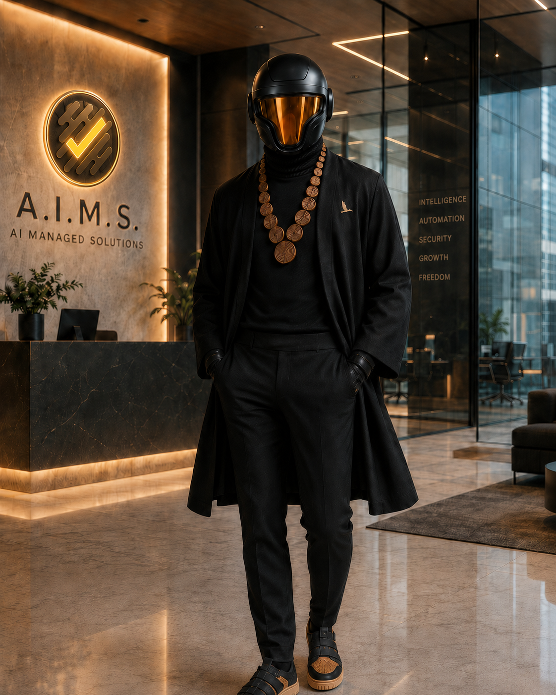 ACHEEVY in the A.I.M.S. lobby, ready to walk the reader in.