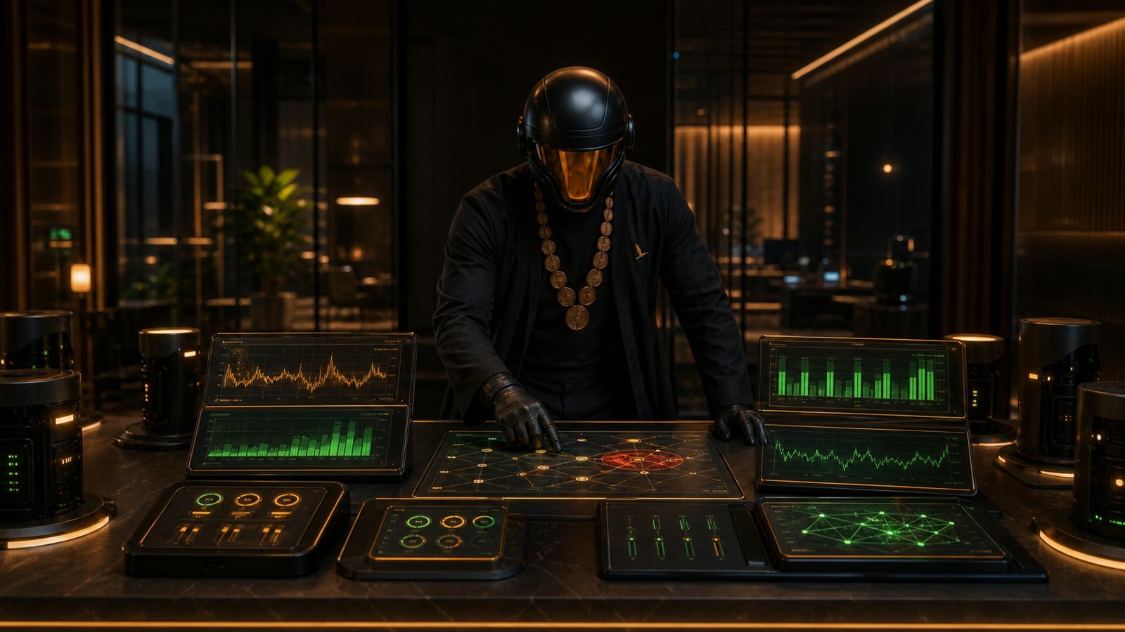 ACHEEVY over a table of instruments, one node lit red among healthy green readouts.