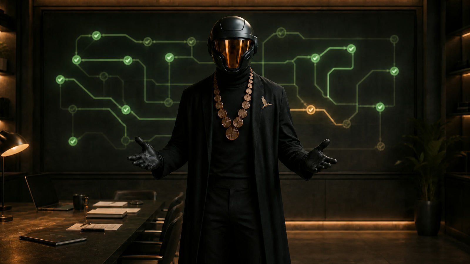 ACHEEVY facing the reader with open hands, a wall of green checks behind him and one path still amber.