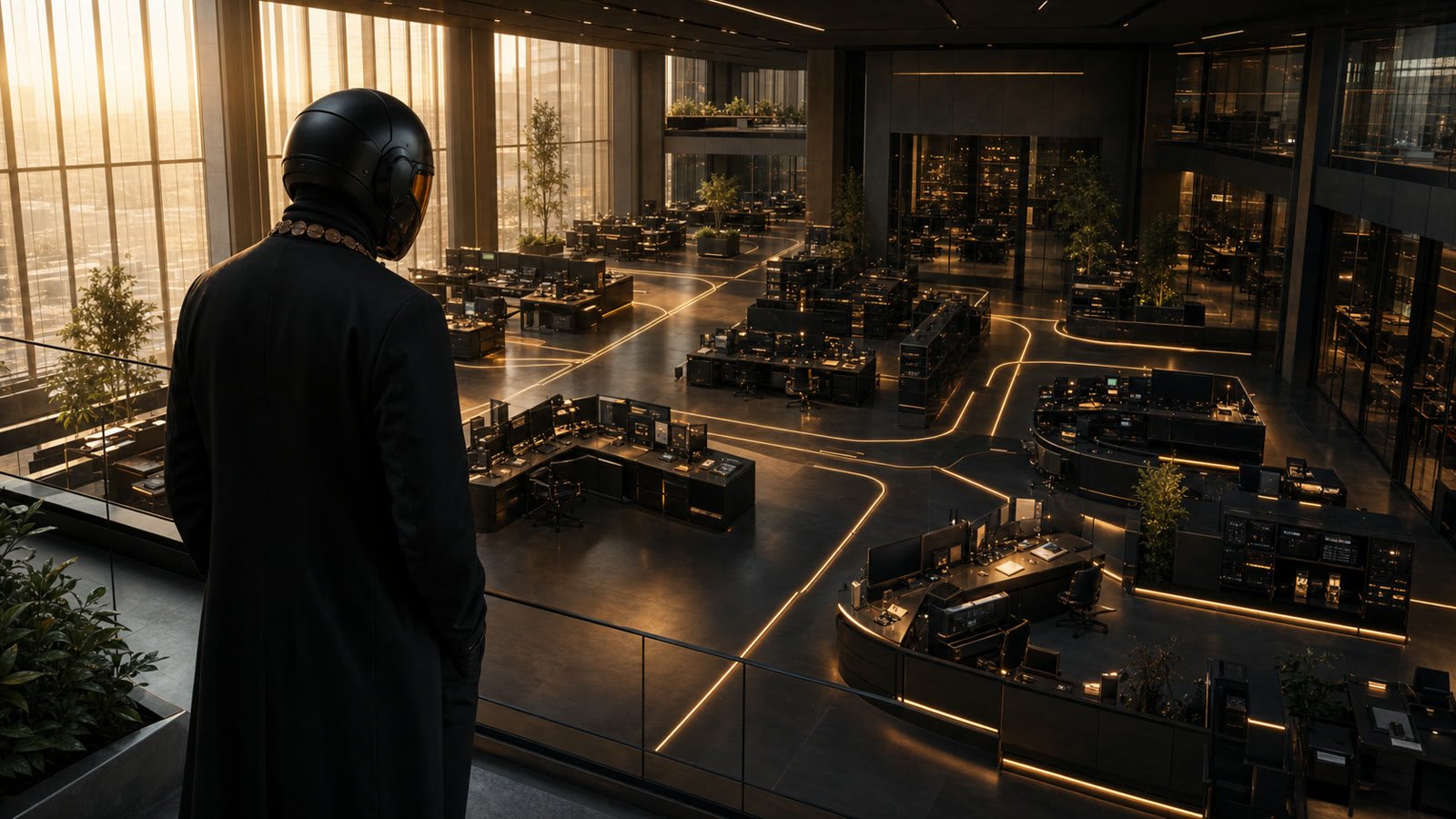ACHEEVY from behind, overlooking an empty working floor lit gold at sunset.