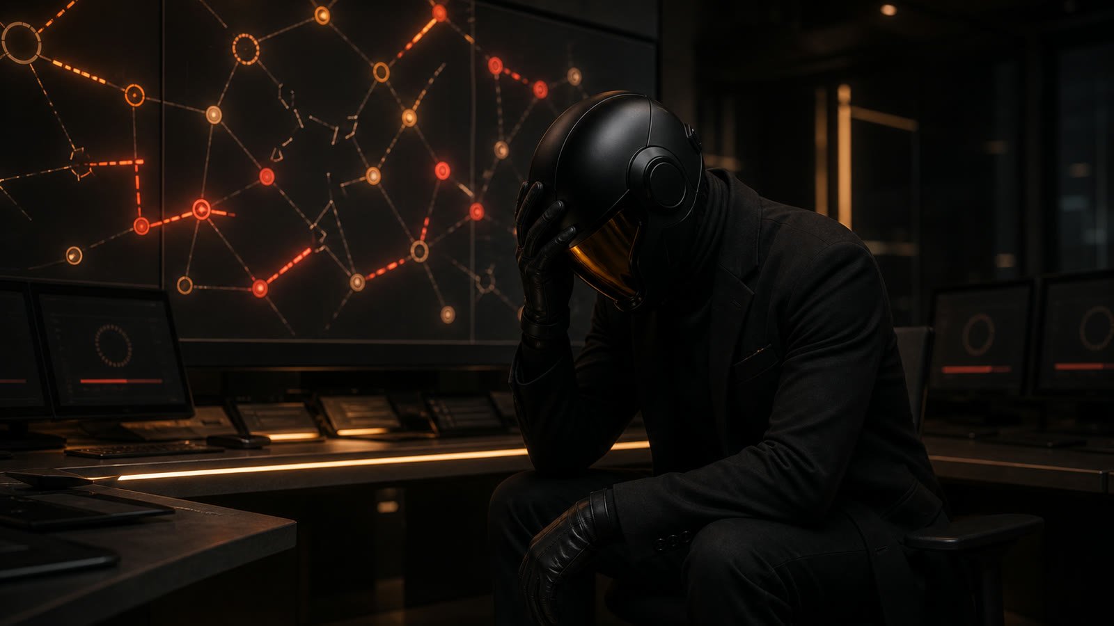 ACHEEVY at a console, head in his gloved hand, a failing red dependency graph on the wall.