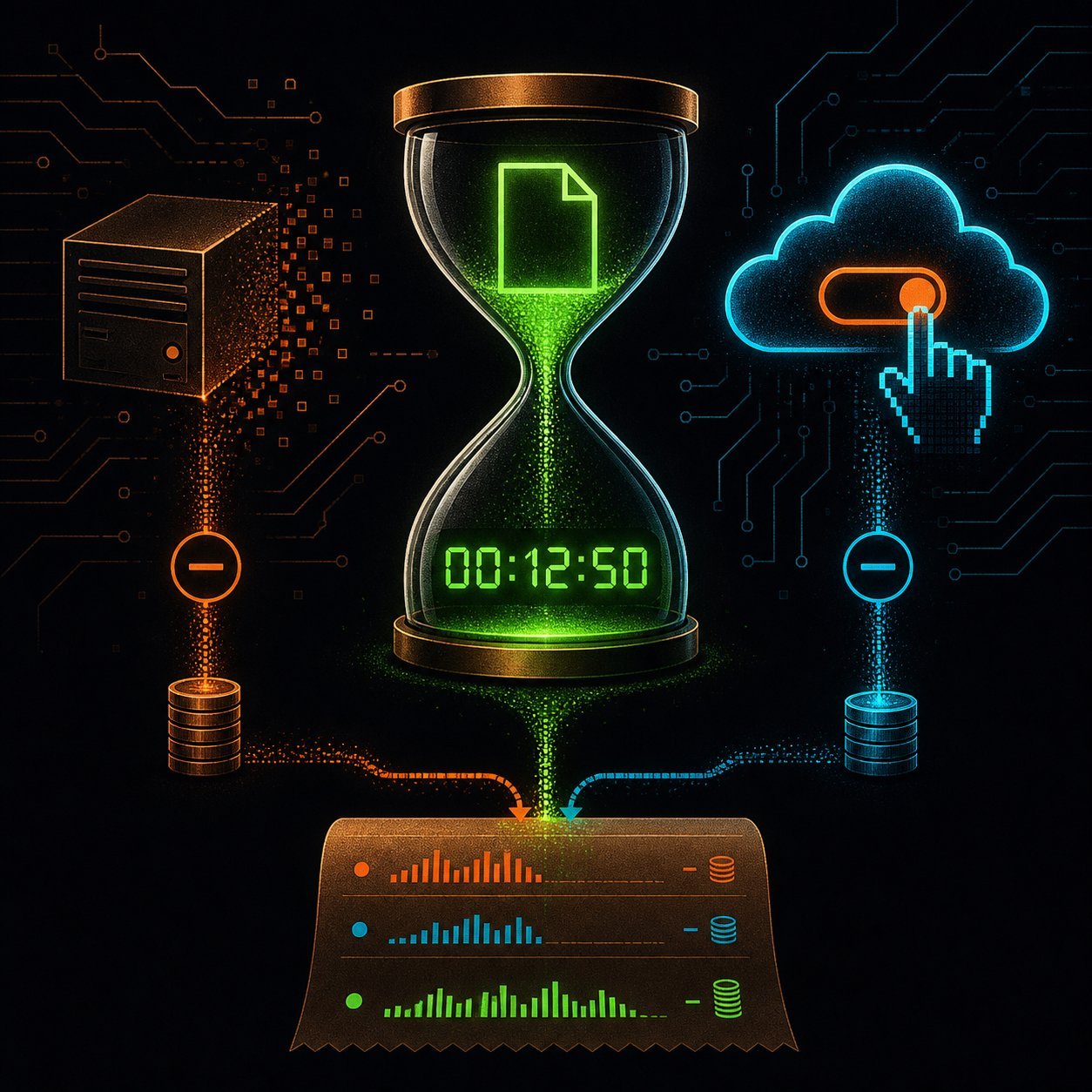 An hourglass reading 00:12:50 between a dissolving box and a cloud, coins falling from both.