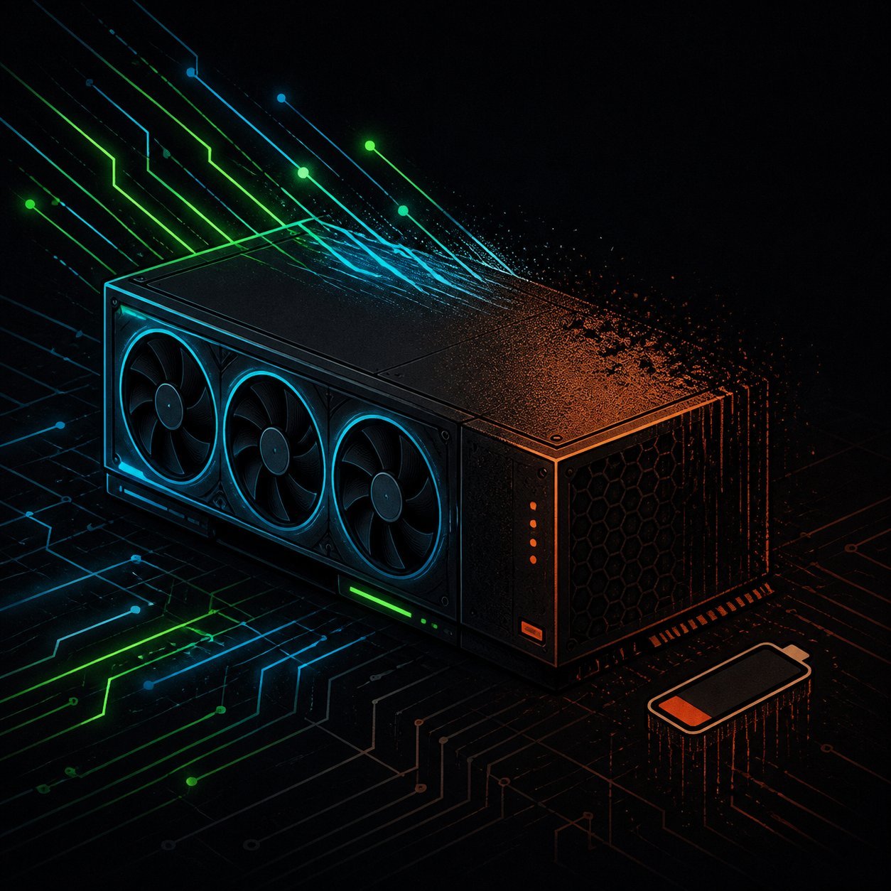 A GPU box dissolving into orange dust beside a drained, dead battery.