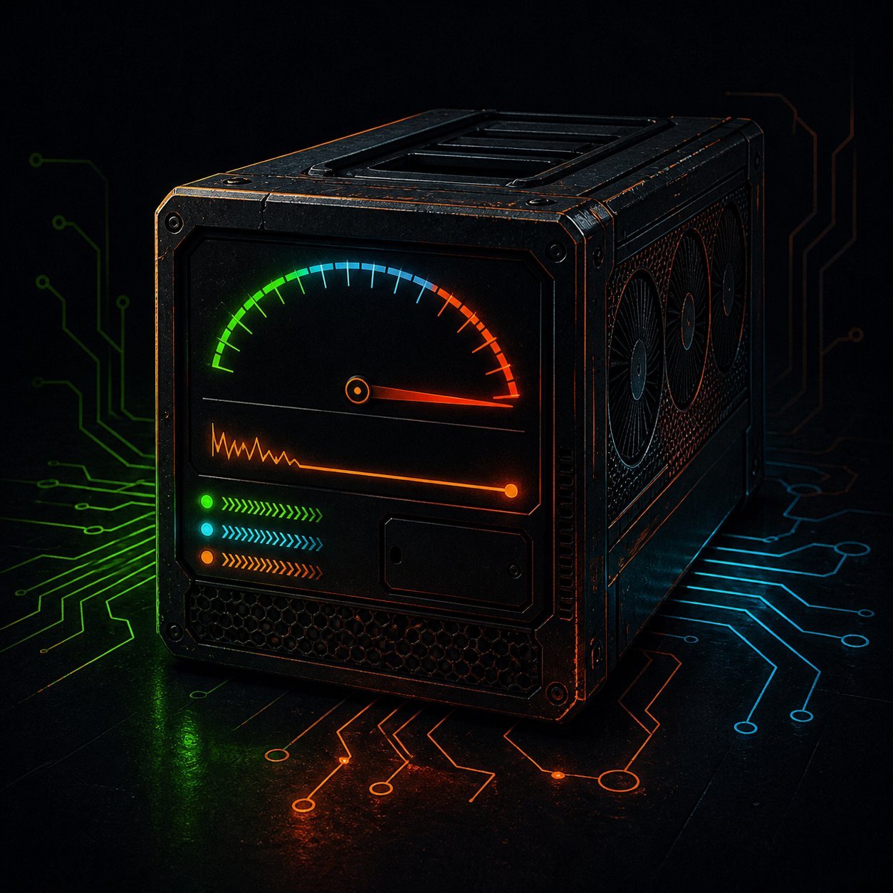 A dial pegged into the red on a rack-mounted box, three status lights lit green blue orange.