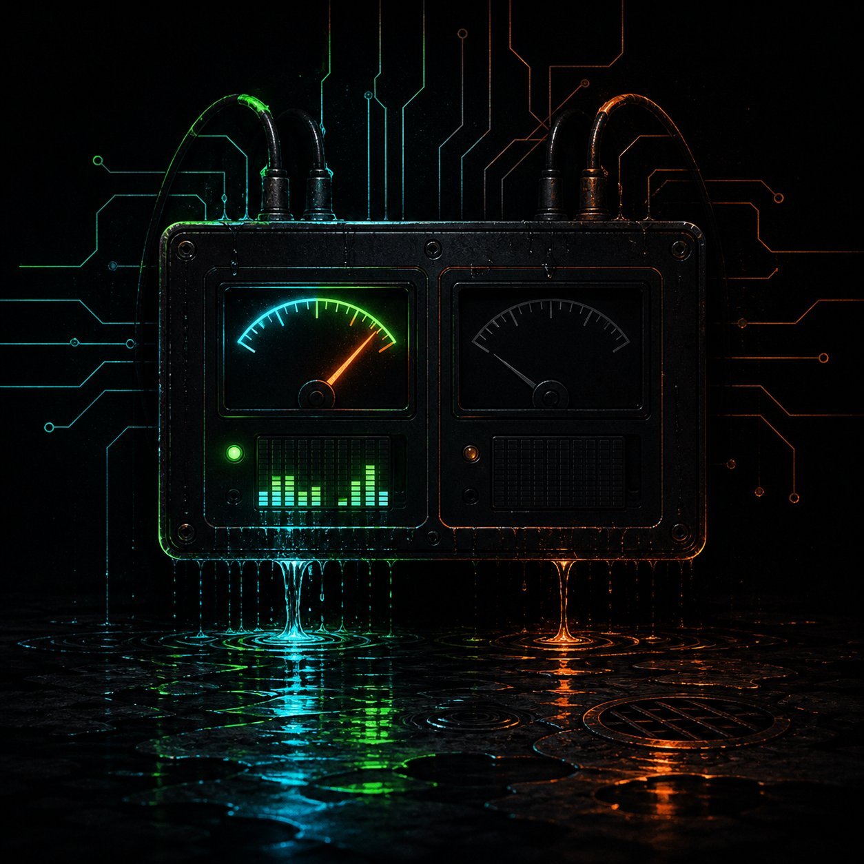 Two gauges side by side, one lit and reading, one dark, both dripping toward a floor drain.