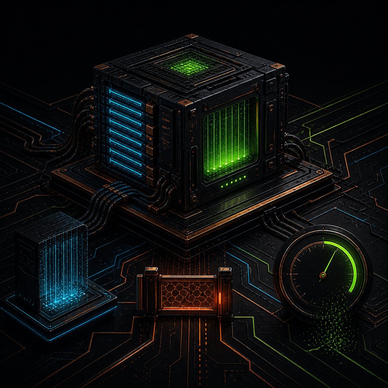 A warmed server cube feeding a staging gate and a clean green dial reading full.
