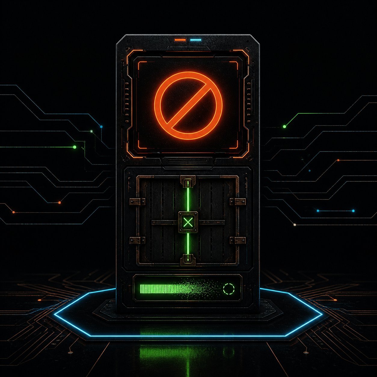 A glowing no-entry symbol above a locked vault door marked with a green X.