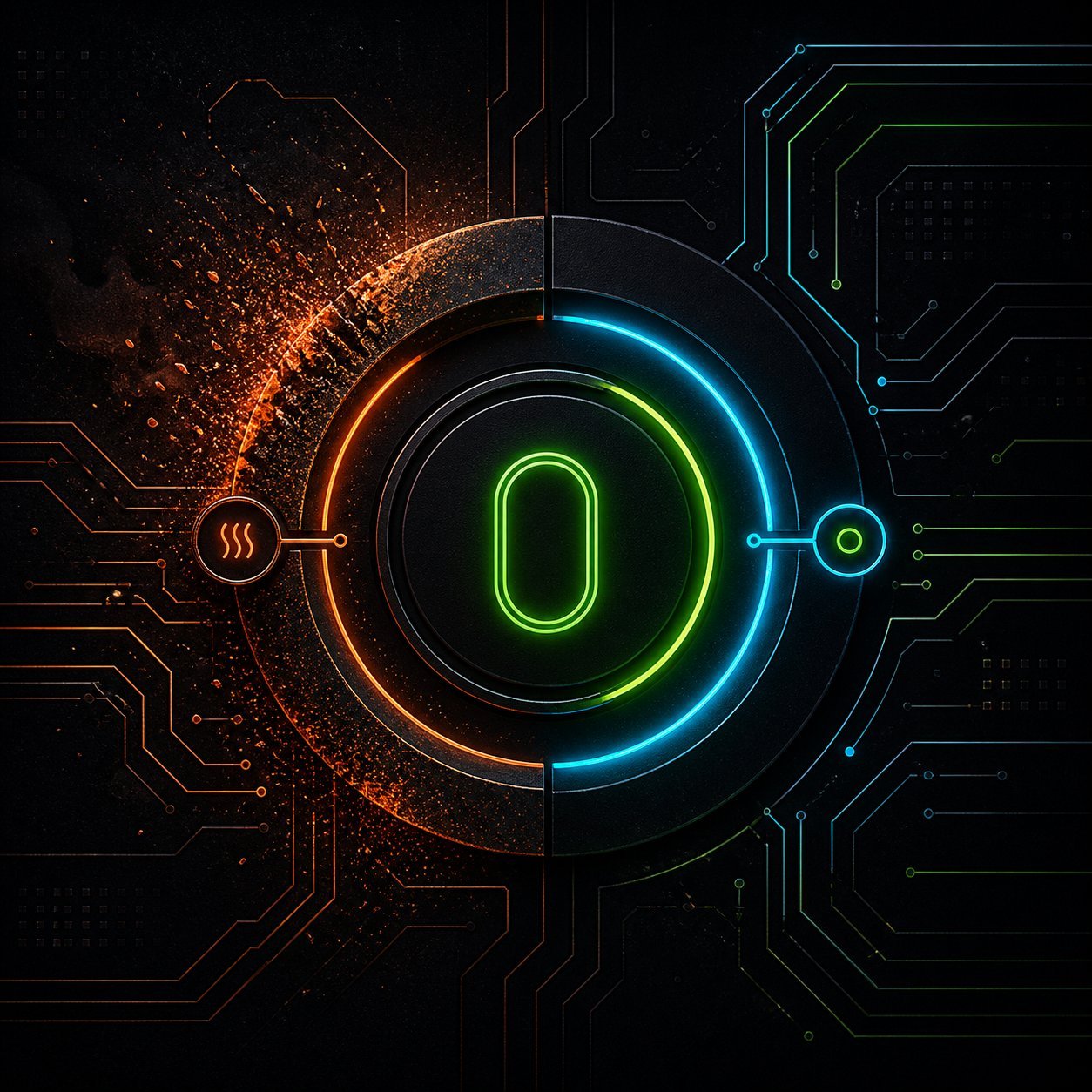 A glowing zero ring, one half shattering into orange embers, the other half calm blue-green.