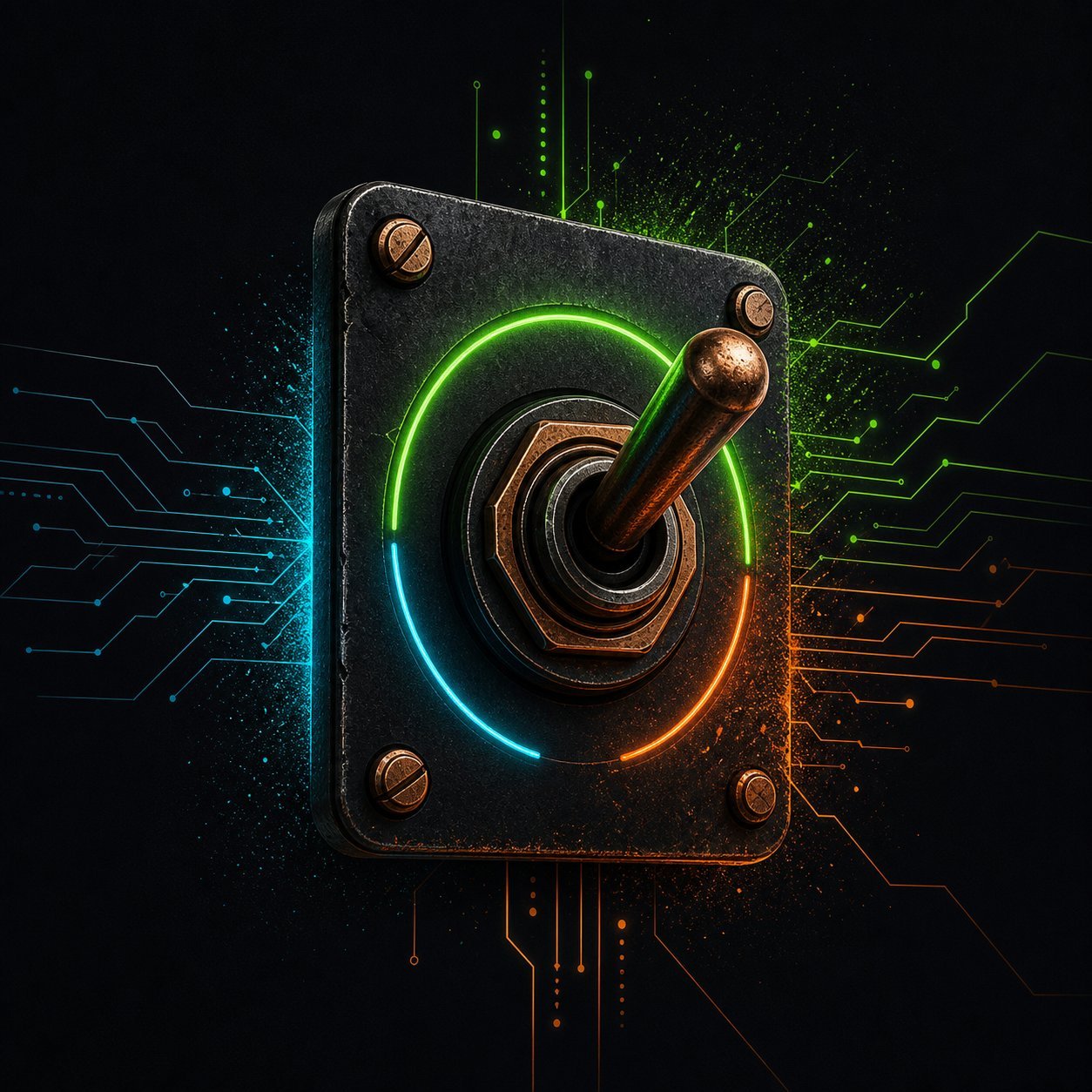 A physical toggle switch ringed in blue, green, and orange light.