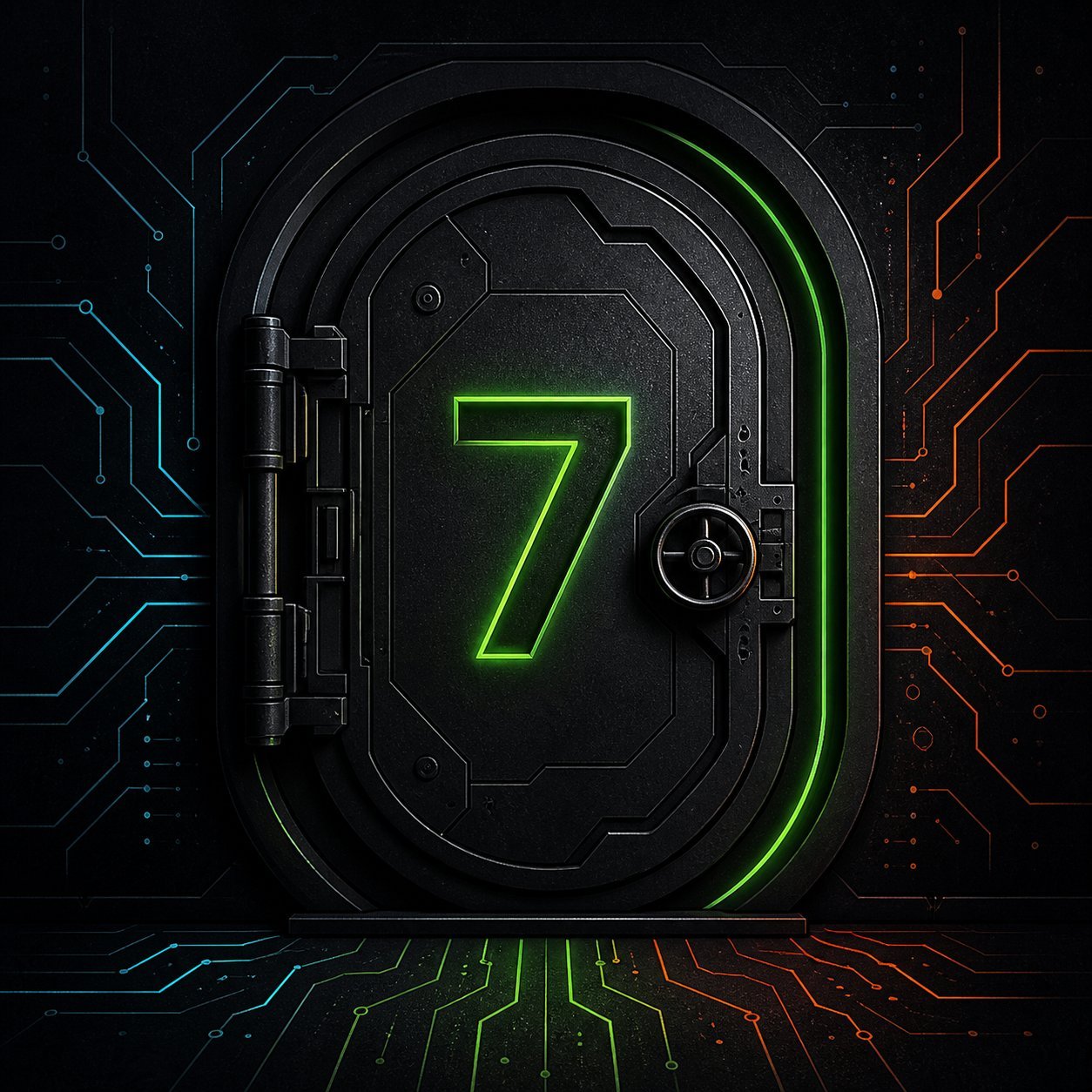 A vault door with a glowing green number seven set into it.