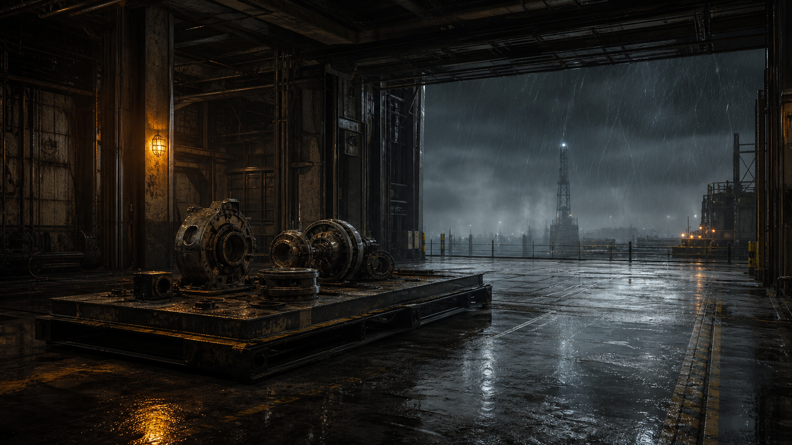 A disassembled mechanical system waits on a rain-soaked loading platform.