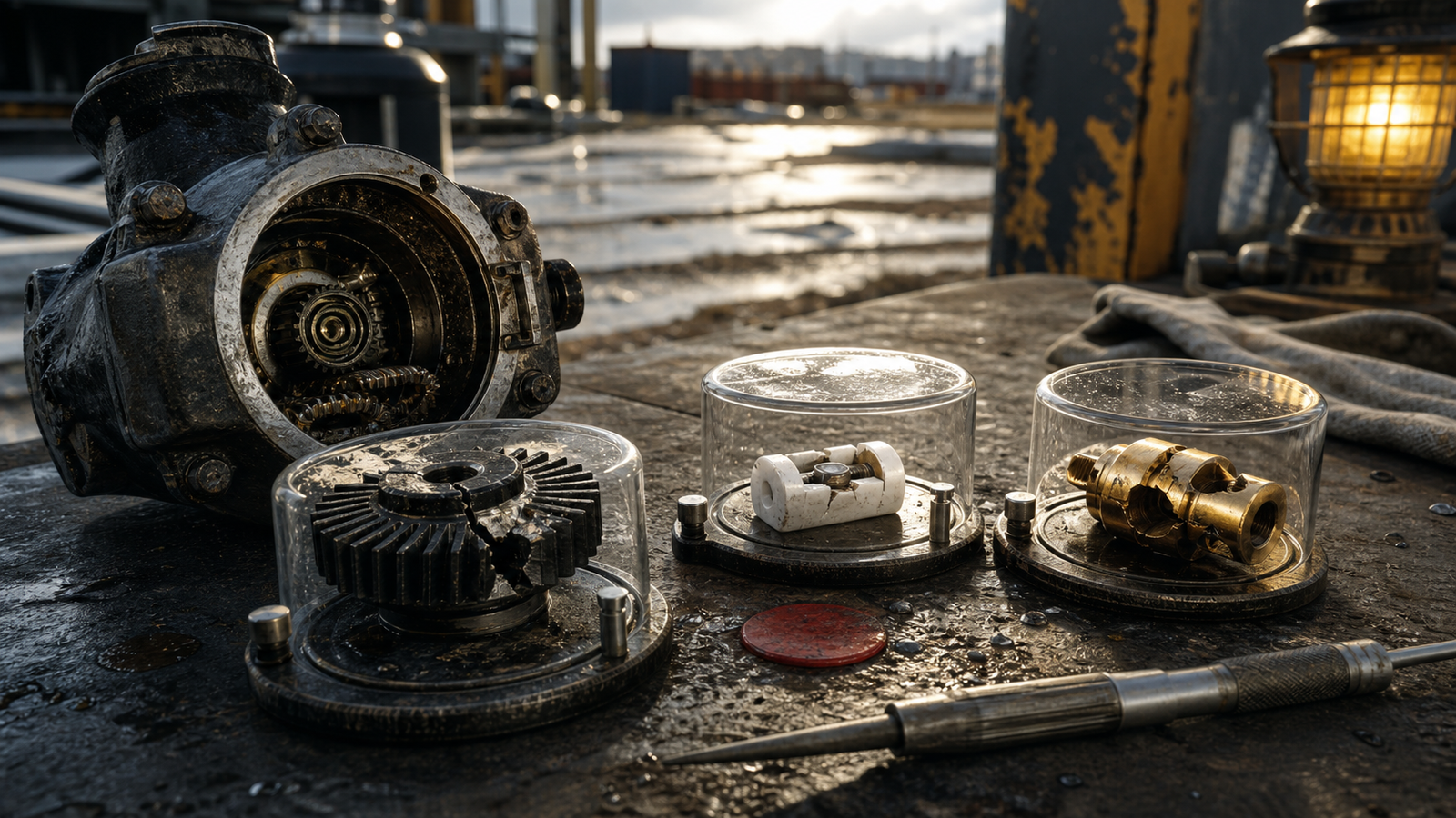 Failed mechanical components are isolated as evidence on an outdoor inspection bench.