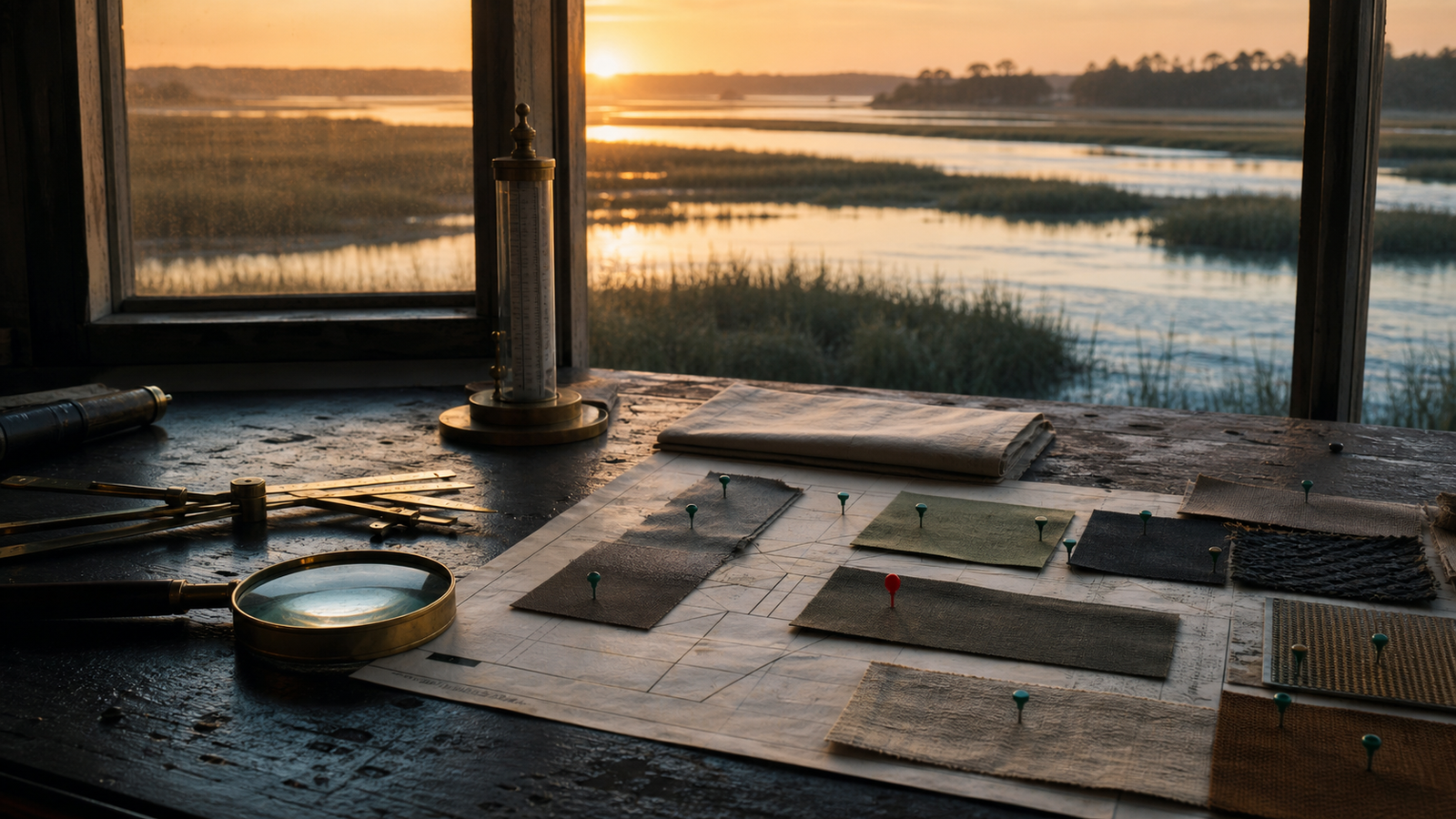 Brass instruments and evidence markers arranged on a coastal table at first light.