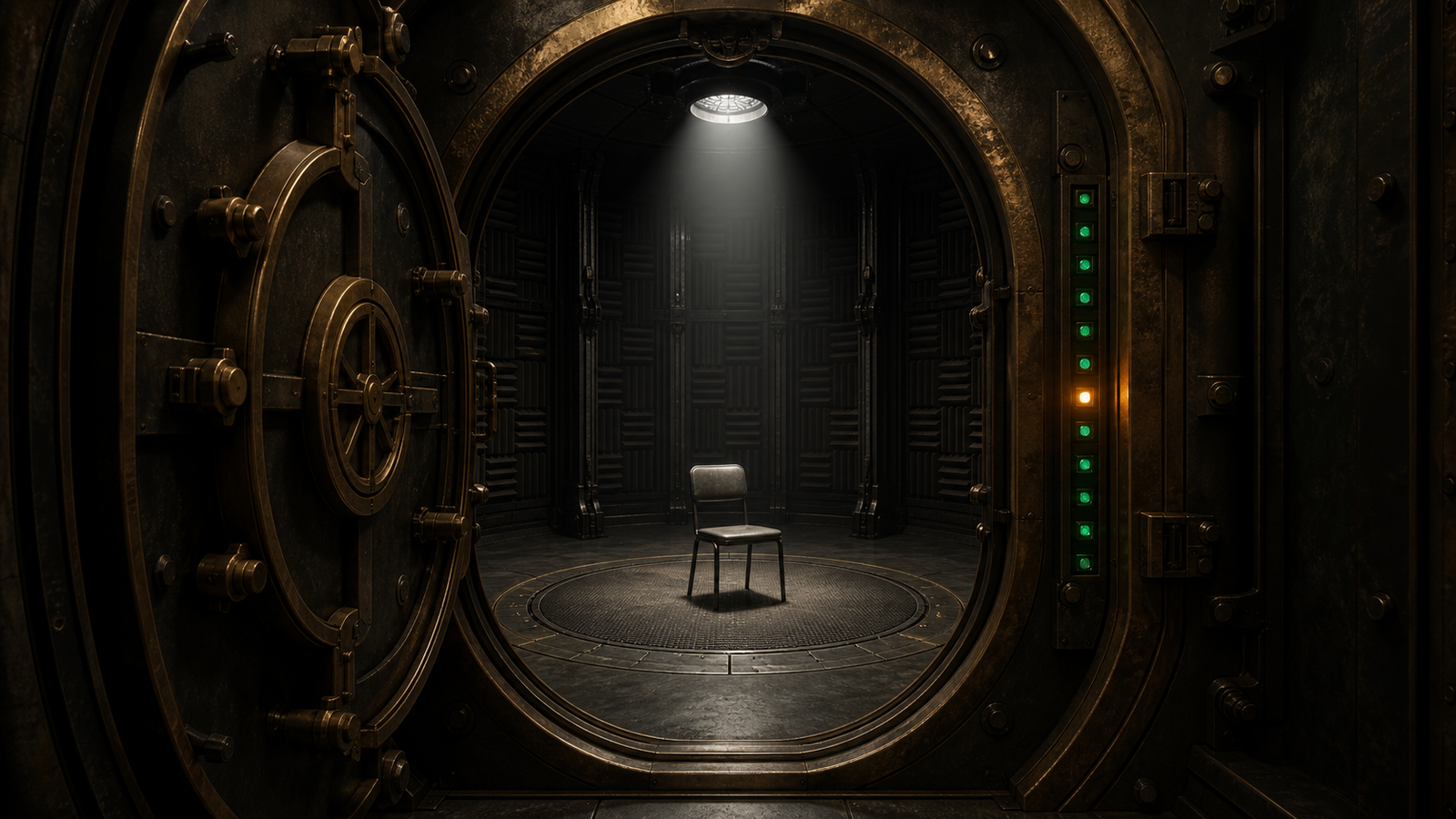 An open pressure door reveals an empty test chamber with one amber condition light.