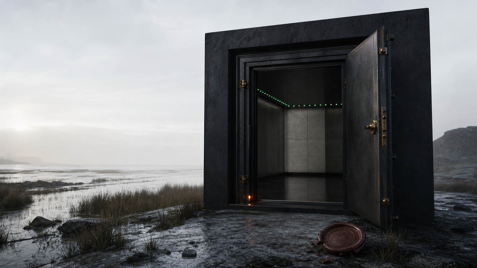 An open test structure stands clean at the marsh edge with one amber condition light.