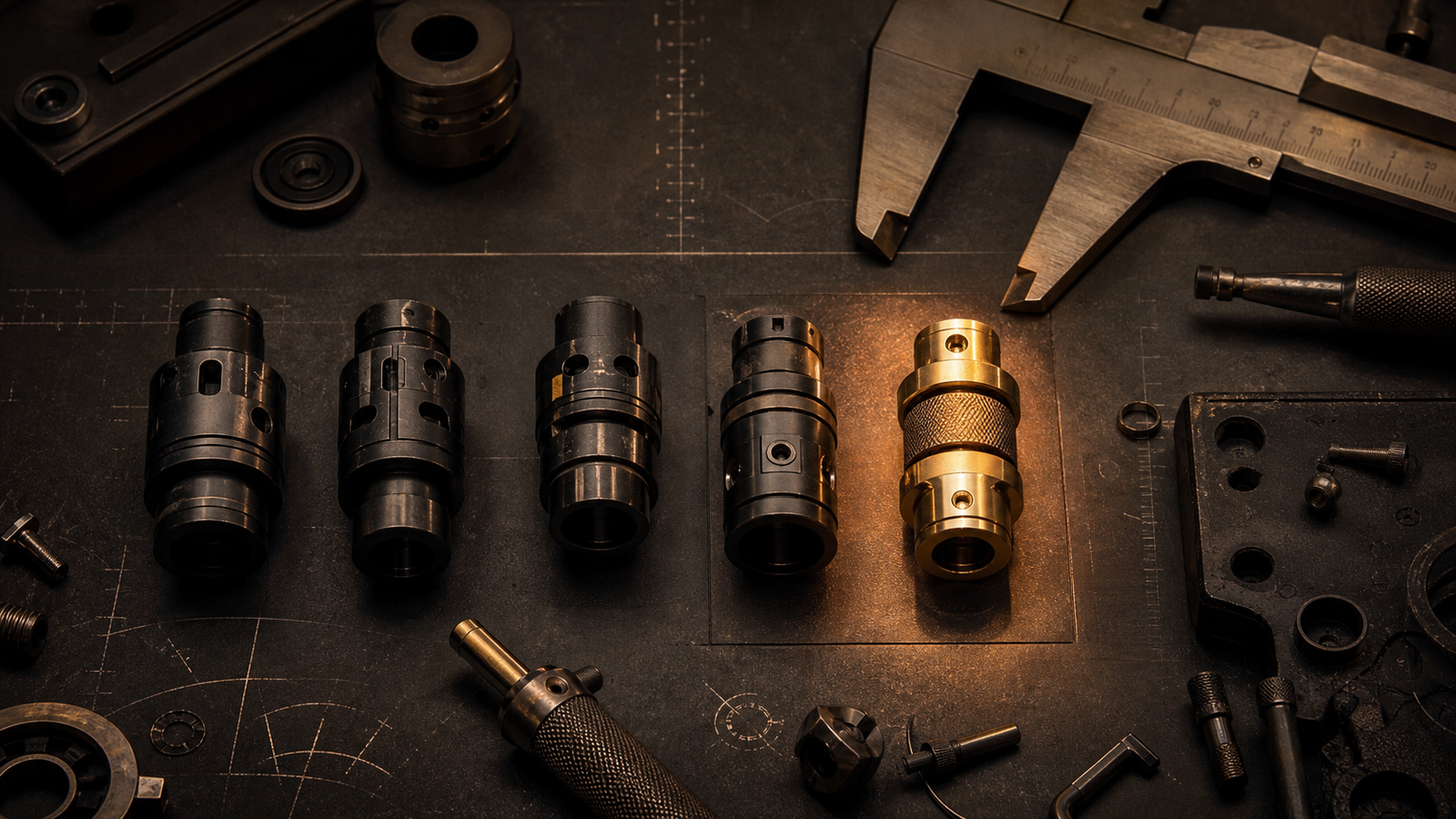 A brass coupler selected from a measured row of black mechanical candidates.