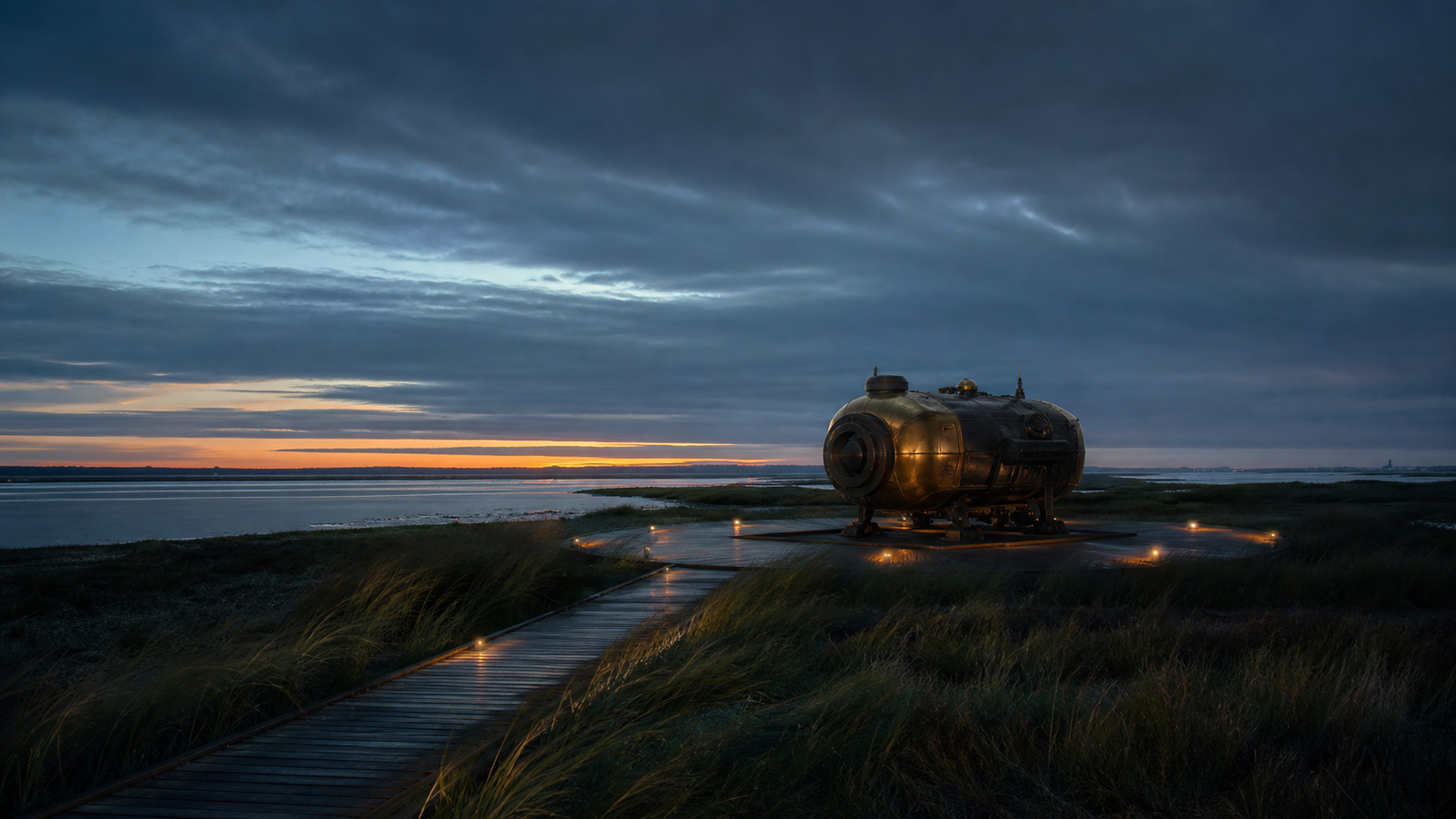 An autonomous survey craft waits on a coastal marsh landing pad at blue hour.