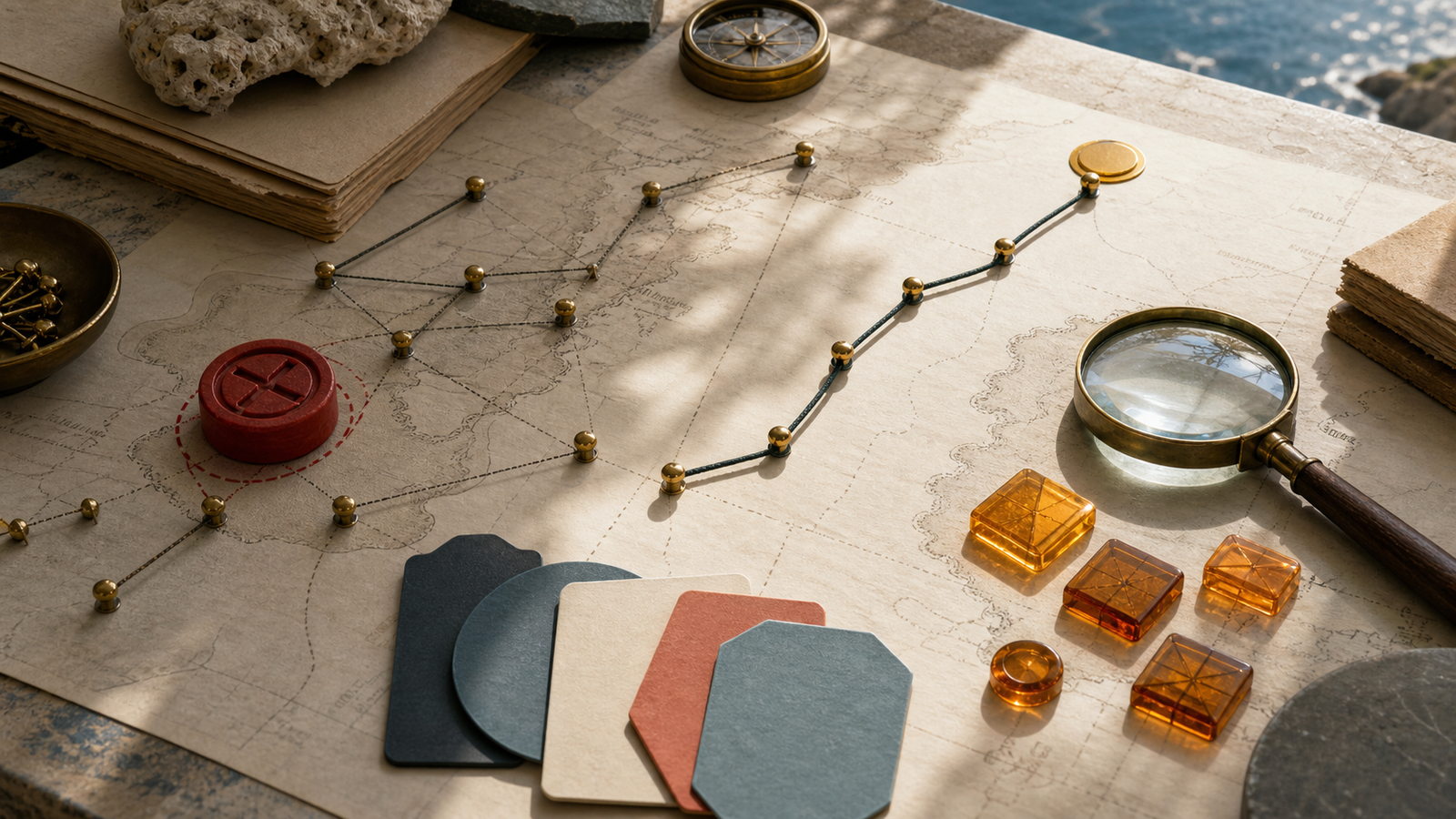 A governed campaign route built from brass pins, physical channel cards, and a red veto marker.
